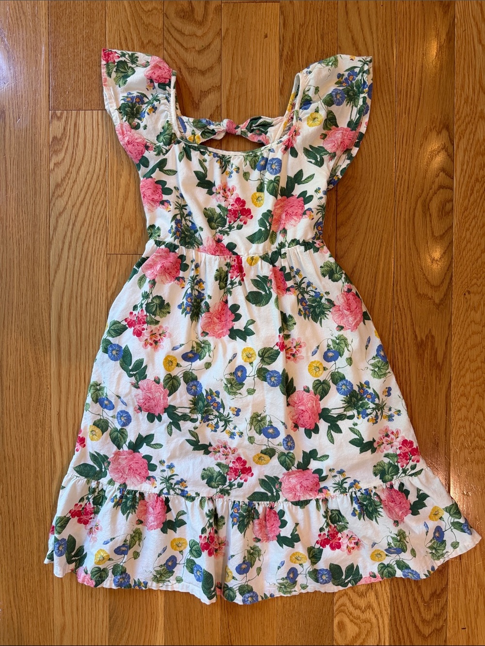Girls White Floral Ruffle Dress - Pink & Blue Flowers